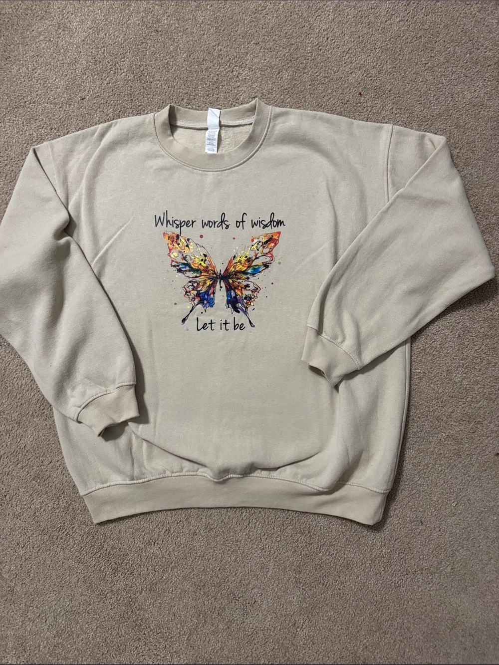 Tan Crewneck Sweatshirt with Colorful Butterfly Print